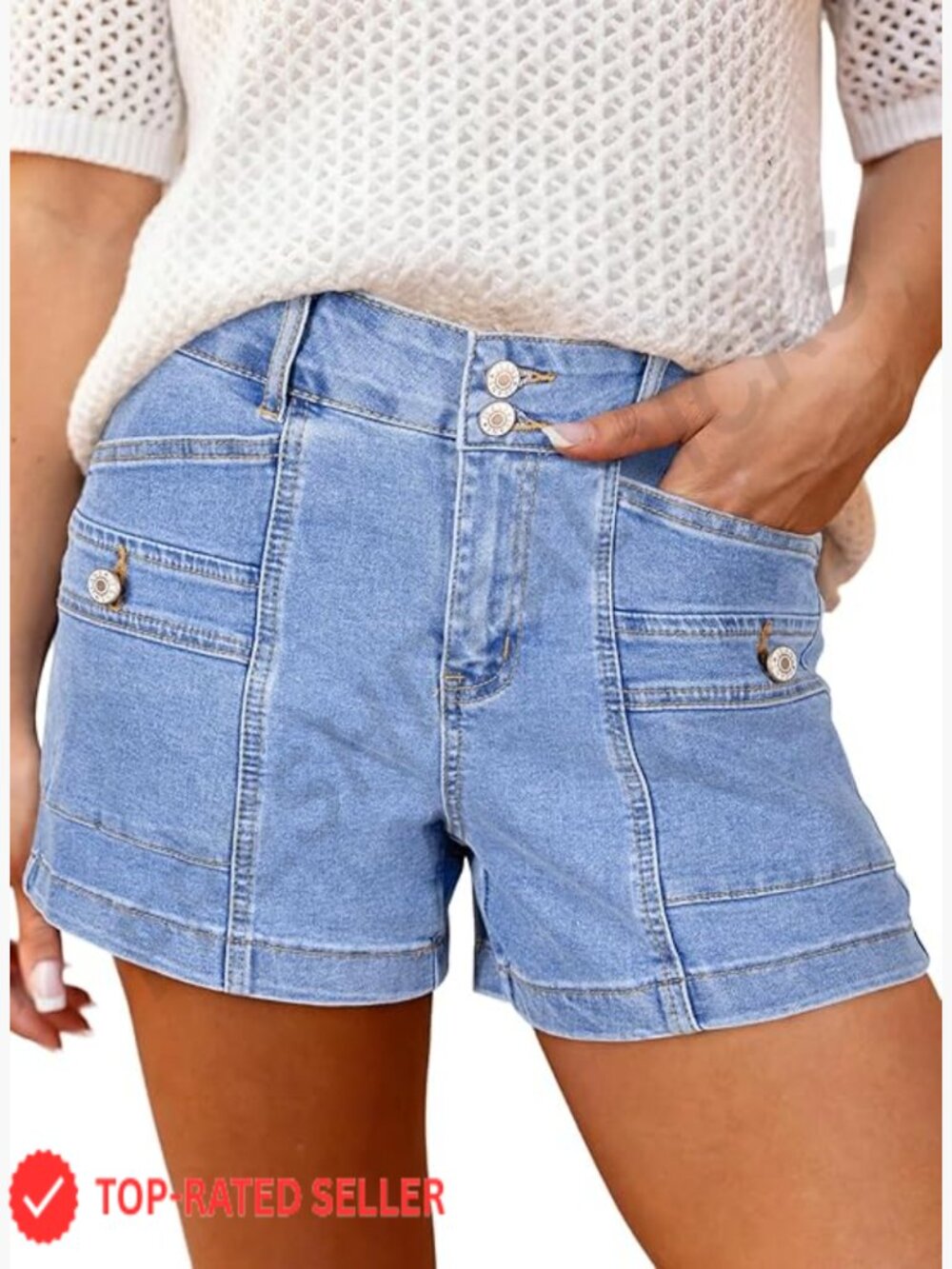High Waisted Stretchy Denim Shorts with Double Button Fly Casual Summer Trendy